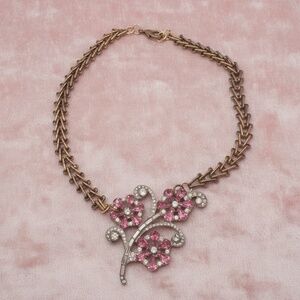 Vintage Pink Rhinestone Flower Necklace, Art Deco Floral Statement Jewelry